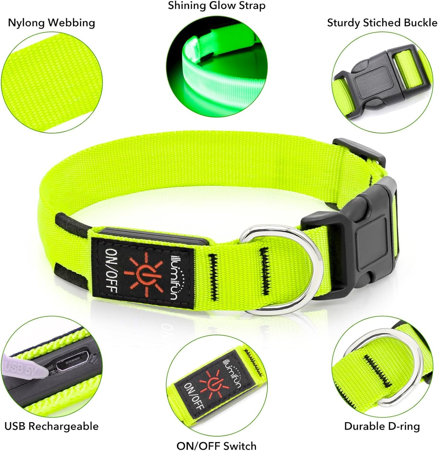 LED Dog Collar, Light up Dog Collar Rechargeable Glow in Dark Pet Collar Safety Dog Lights for Night Walking Camping (Green, Large)