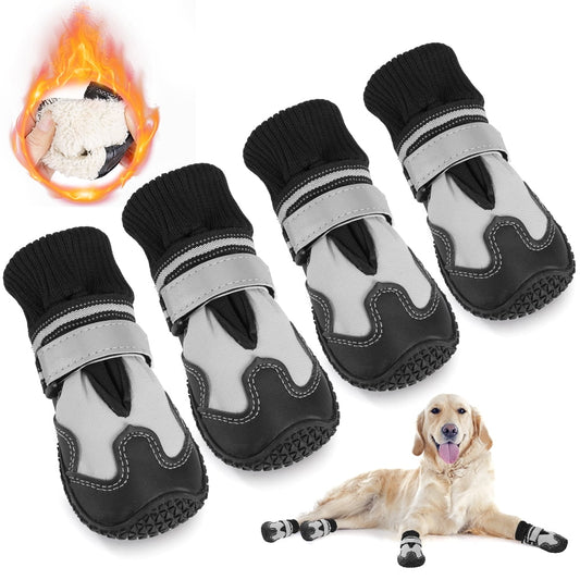 Dog Boots - Waterproof Non-Slip Shoes with Reflective Straps, Warm Fleece Paw Protectors for Winter
