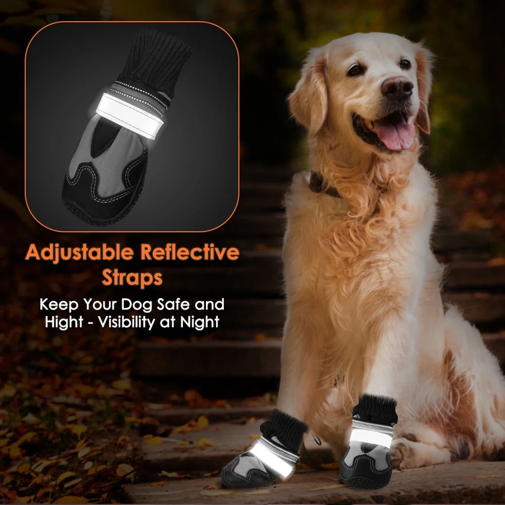 Dog Boots - Waterproof Non-Slip Shoes with Reflective Straps, Warm Fleece Paw Protectors for Winter