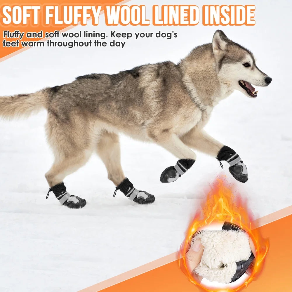 Dog Boots - Waterproof Non-Slip Shoes with Reflective Straps, Warm Fleece Paw Protectors for Winter