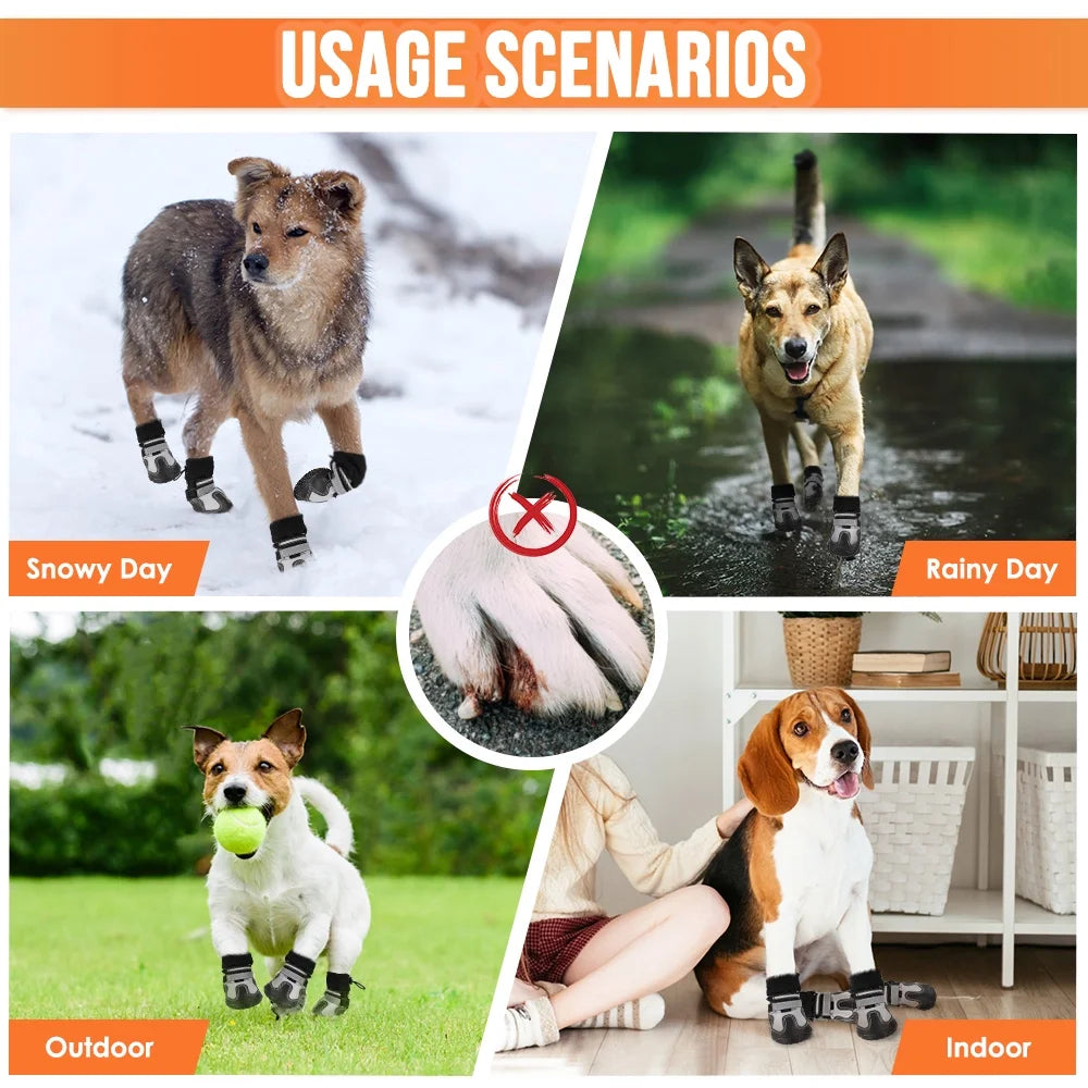 Dog Boots - Waterproof Non-Slip Shoes with Reflective Straps, Warm Fleece Paw Protectors for Winter