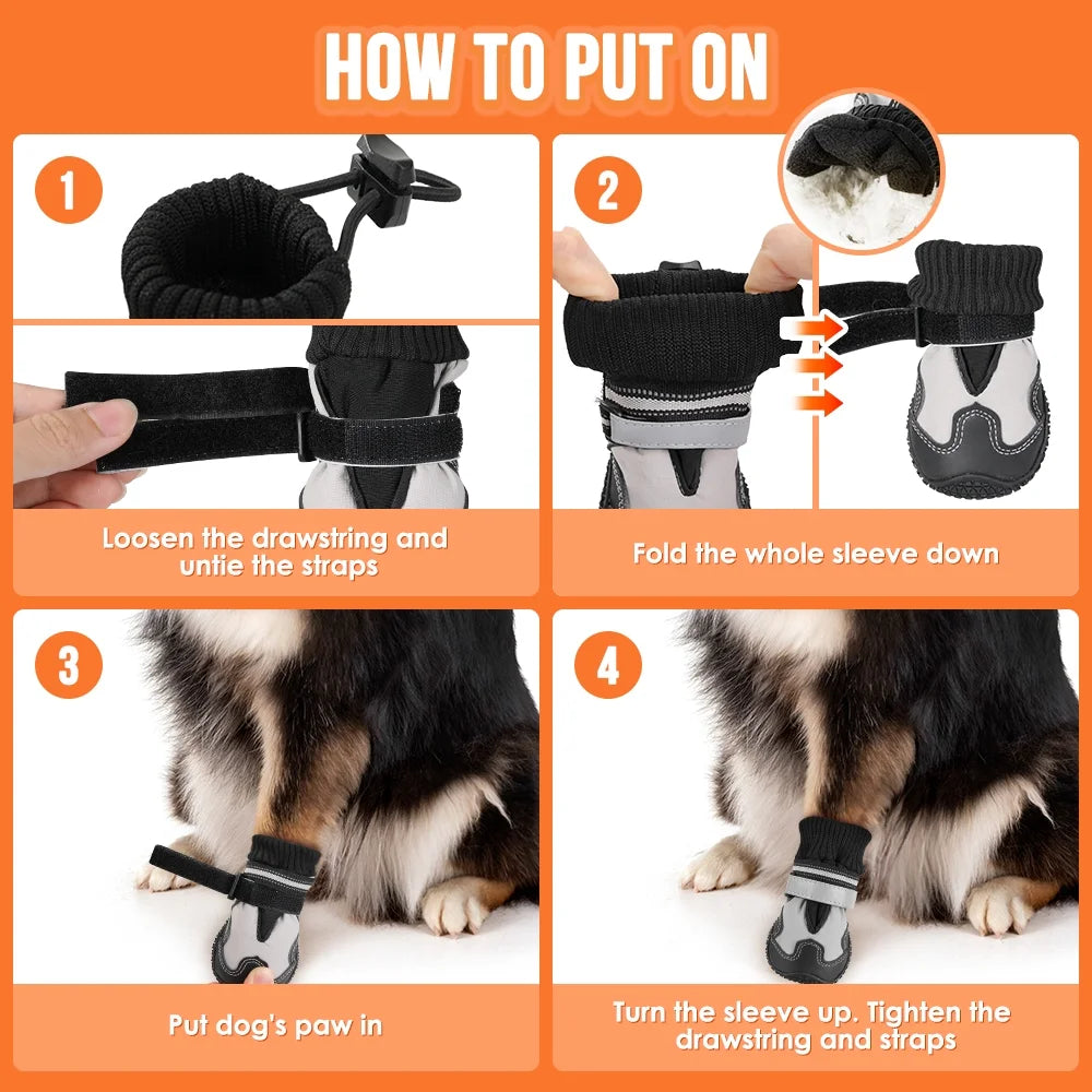 Dog Boots - Waterproof Non-Slip Shoes with Reflective Straps, Warm Fleece Paw Protectors for Winter