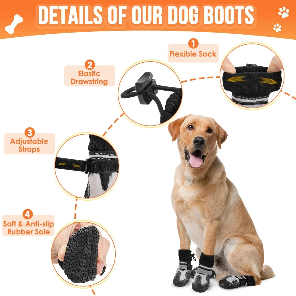 Dog Boots - Waterproof Non-Slip Shoes with Reflective Straps, Warm Fleece Paw Protectors for Winter